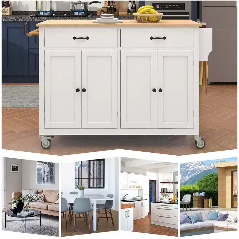 Carrello da Cucina con Ruote con Piano in Legno Massello e Ruote Bloccabili, Larghezza 137,9 cm, Armadietto a 4 Ante e Due Cassetti, Porta Spezie