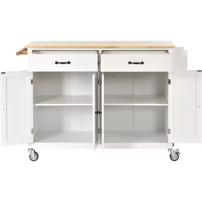 Carrello da Cucina con Ruote con Piano in Legno Massello e Ruote Bloccabili, Larghezza 137,9 cm, Armadietto a 4 Ante e Due Cassetti, Porta Spezie