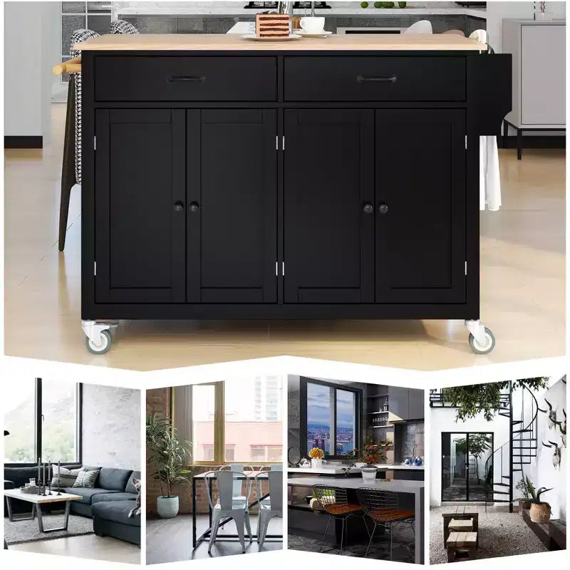 Carrello da Cucina con Ruote con Piano in Legno Massello e Ruote Bloccabili, Larghezza 137,9 cm, Armadietto a 4 Ante e Due Cassetti, Porta Spezie