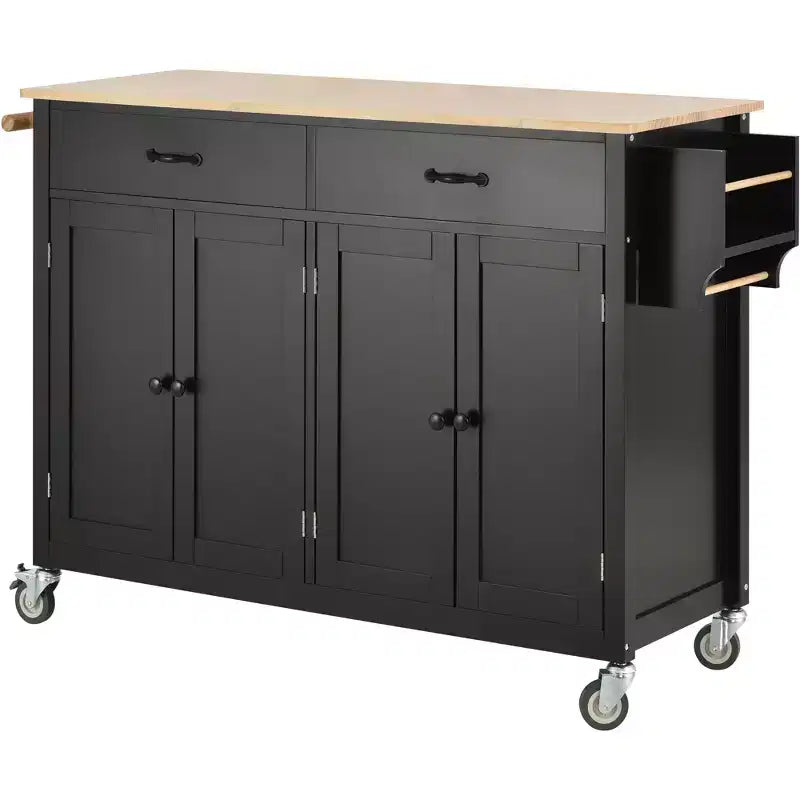Carrello da Cucina con Ruote con Piano in Legno Massello e Ruote Bloccabili, Larghezza 137,9 cm, Armadietto a 4 Ante e Due Cassetti, Porta Spezie