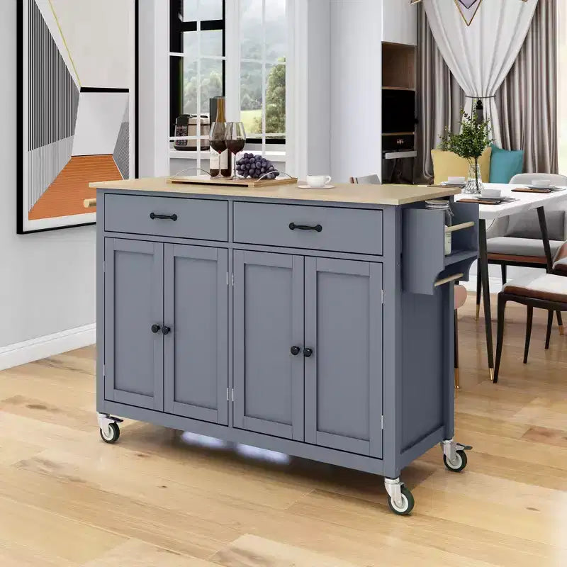 Carrello da Cucina con Ruote con Piano in Legno Massello e Ruote Bloccabili, Larghezza 137,9 cm, Armadietto a 4 Ante e Due Cassetti, Porta Spezie