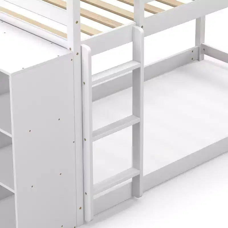 Costway Letto a Castello in Legno Twin Over Twin, con Ripiani Contenitore, Scala e Sponde di Sicurezza, per Bambini, Bianco