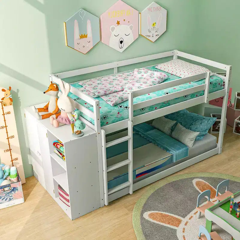 Costway Letto a Castello in Legno Twin Over Twin, con Ripiani Contenitore, Scala e Sponde di Sicurezza, per Bambini, Bianco