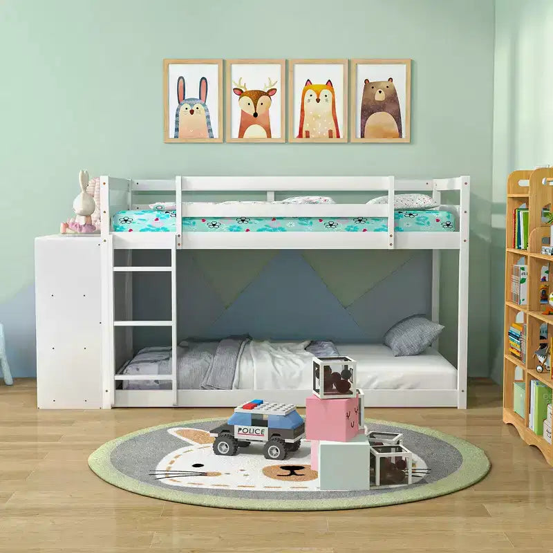 Costway Letto a Castello in Legno Twin Over Twin, con Ripiani Contenitore, Scala e Sponde di Sicurezza, per Bambini, Bianco