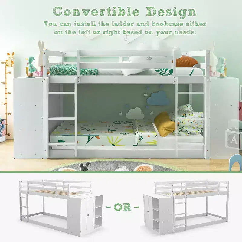 Costway Letto a Castello in Legno Twin Over Twin, con Ripiani Contenitore, Scala e Sponde di Sicurezza, per Bambini, Bianco