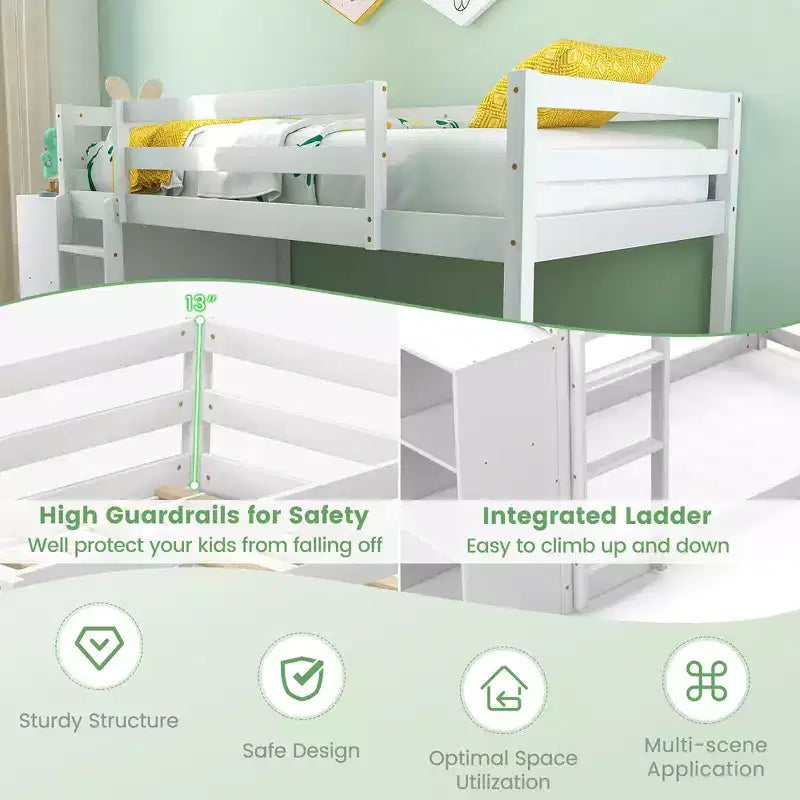Costway Letto a Castello in Legno Twin Over Twin, con Ripiani Contenitore, Scala e Sponde di Sicurezza, per Bambini, Bianco