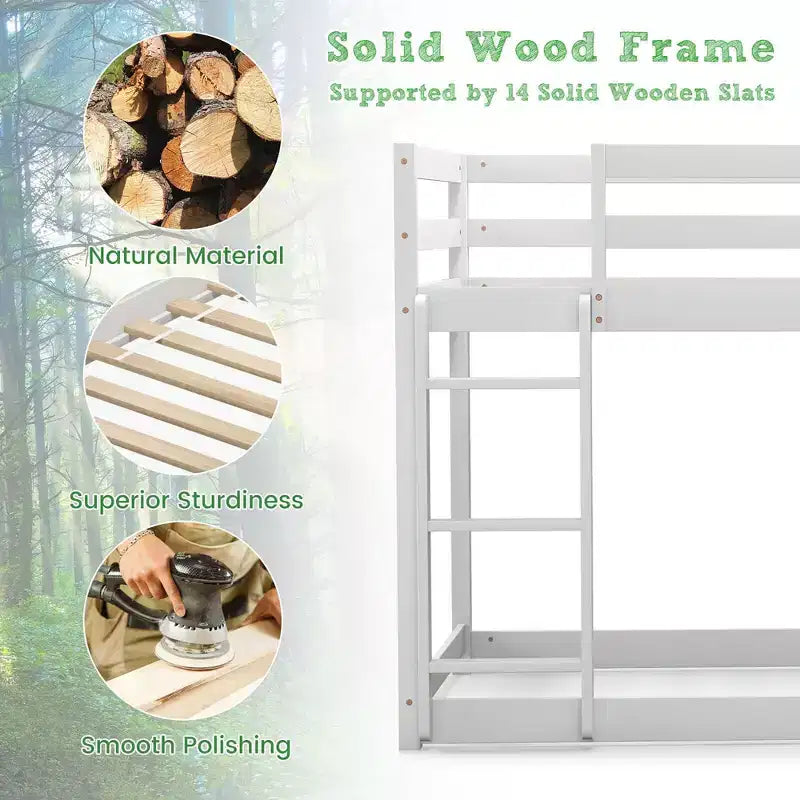 Costway Letto a Castello in Legno Twin Over Twin, con Ripiani Contenitore, Scala e Sponde di Sicurezza, per Bambini, Bianco