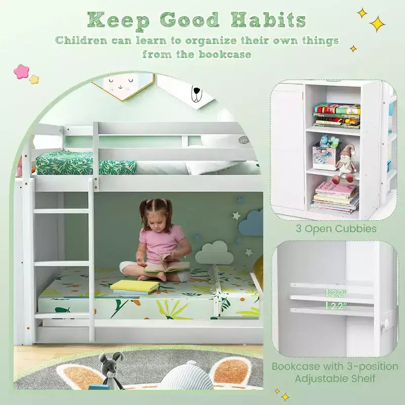 Costway Letto a Castello in Legno Twin Over Twin, con Ripiani Contenitore, Scala e Sponde di Sicurezza, per Bambini, Bianco