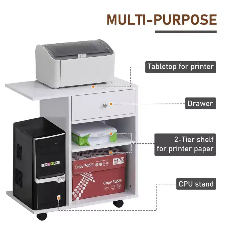 Carrello per stampante mobile, carrello portadocumenti con ruote, ripiano regolabile, cassetto e supporto per CPU