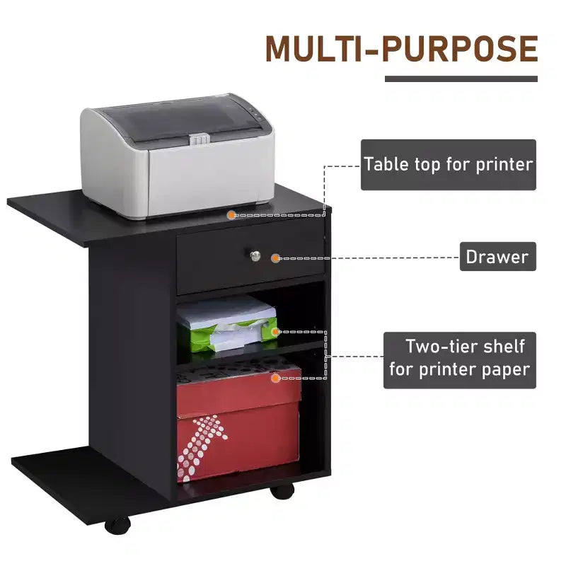 Carrello per stampante mobile, carrello portadocumenti con ruote, ripiano regolabile, cassetto e supporto per CPU
