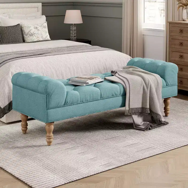 Okak Moderno Pouf Panca Imbottito con Bottoni e Braccioli Arrotondati, Sgabello Ottomano Imbottito per Camera da Letto, Ingresso