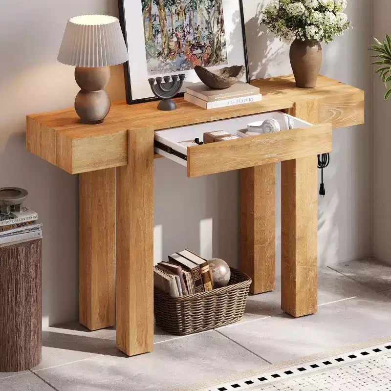 Tavolo Consolle 47 con Cassetti, Tavolino da Divano con Finitura in Legno, Tavolino Stretto per Ingresso, Soggiorno o Ufficio-Panipeachy