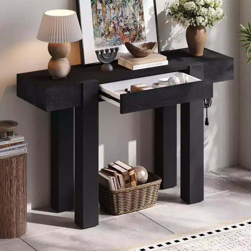 Tavolo Consolle 47 con Cassetti, Tavolino da Divano con Finitura in Legno, Tavolino Stretto per Ingresso, Soggiorno o Ufficio-Panipeachy