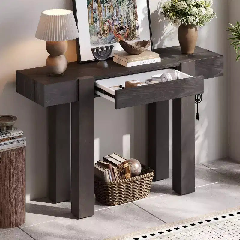 Tavolo Consolle 47 con Cassetti, Tavolino da Divano con Finitura in Legno, Tavolino Stretto per Ingresso, Soggiorno o Ufficio-Panipeachy