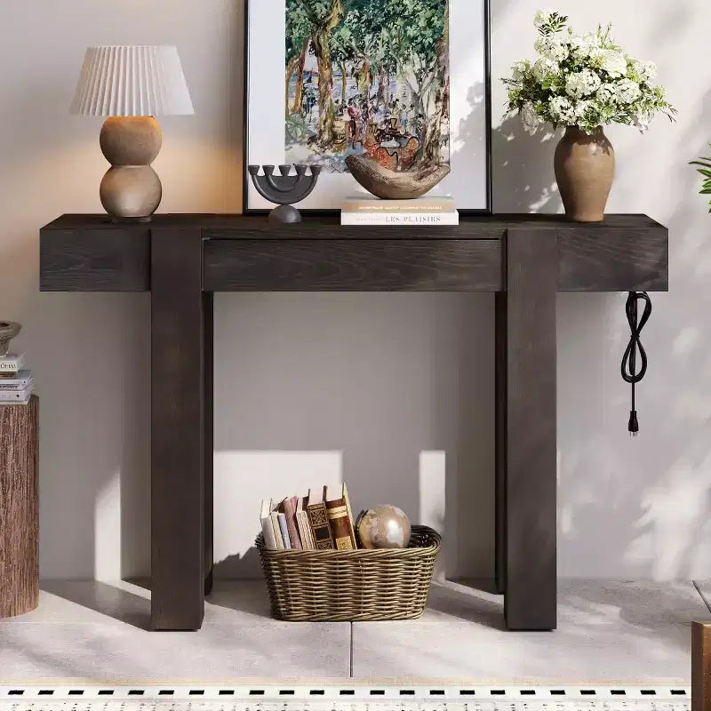 Tavolo Consolle 47 con Cassetti, Tavolino da Divano con Finitura in Legno, Tavolino Stretto per Ingresso, Soggiorno o Ufficio-Panipeachy