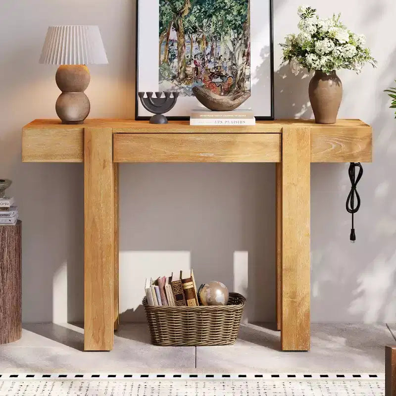 Tavolo Consolle 47 con Cassetti, Tavolino da Divano con Finitura in Legno, Tavolino Stretto per Ingresso, Soggiorno o Ufficio-Panipeachy