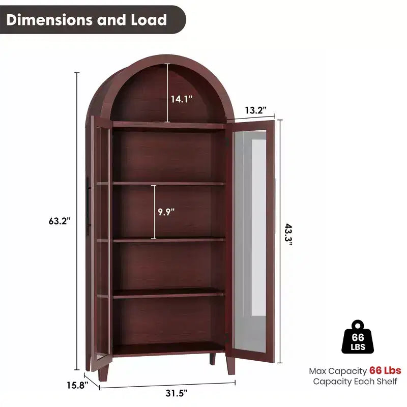 Dispensa da Cucina Ad Arco - Scaffale Rustico a 5 Ripiani con Ripiano Regolabile e 2 Grandi Ante in Vetro, Armadio Contenitore Versatile