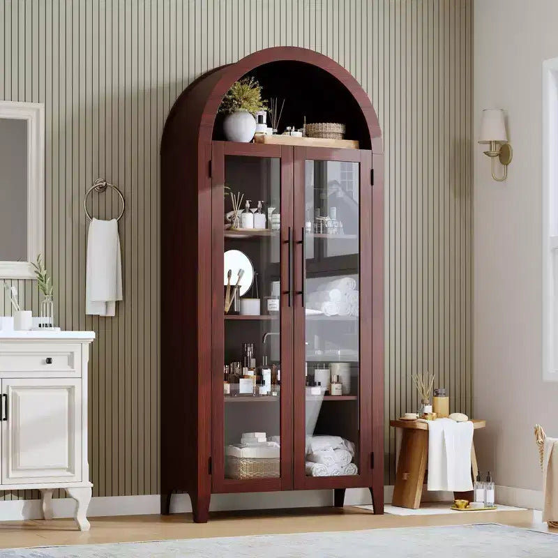 Dispensa da Cucina Ad Arco - Scaffale Rustico a 5 Ripiani con Ripiano Regolabile e 2 Grandi Ante in Vetro, Armadio Contenitore Versatile