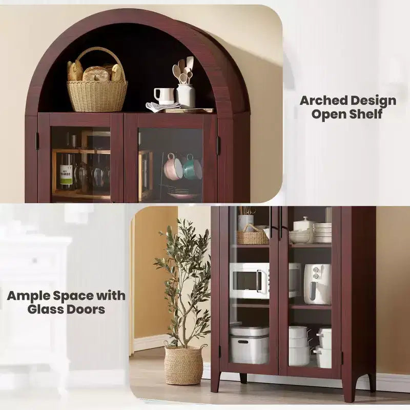 Dispensa da Cucina Ad Arco - Scaffale Rustico a 5 Ripiani con Ripiano Regolabile e 2 Grandi Ante in Vetro, Armadio Contenitore Versatile