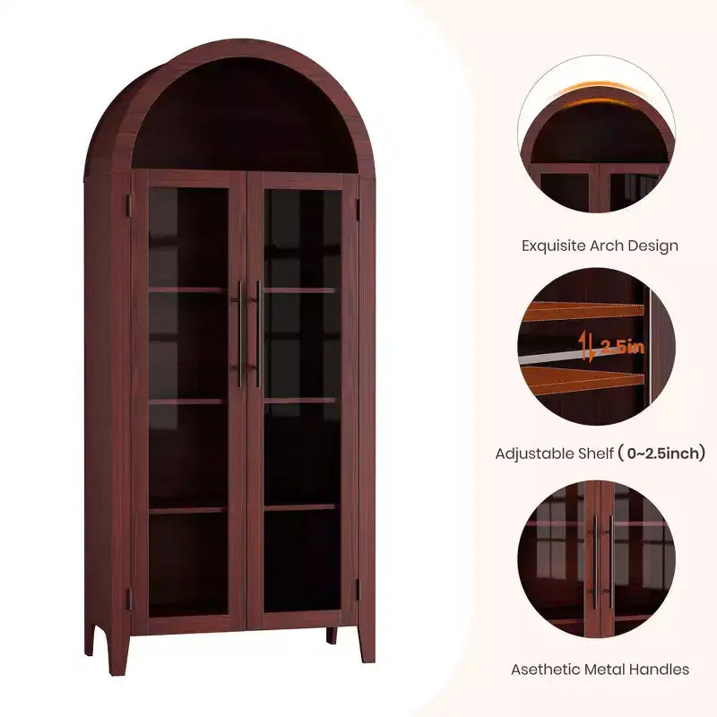 Dispensa da Cucina Ad Arco - Scaffale Rustico a 5 Ripiani con Ripiano Regolabile e 2 Grandi Ante in Vetro, Armadio Contenitore Versatile