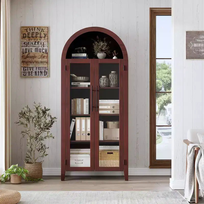 Dispensa da Cucina Ad Arco - Scaffale Rustico a 5 Ripiani con Ripiano Regolabile e 2 Grandi Ante in Vetro, Armadio Contenitore Versatile