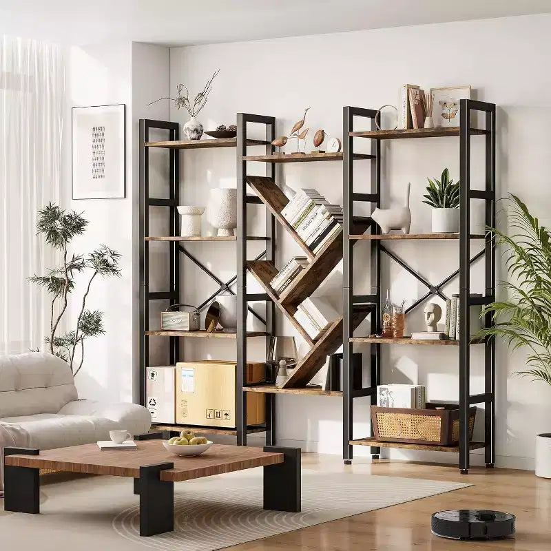 Librerie a 4 ripiani, Grandi Librerie in Legno, Scaffali a giorno per Soggiorni e Camere da Letto, Libreria Moderna con Struttura in Metallo, Marrone.