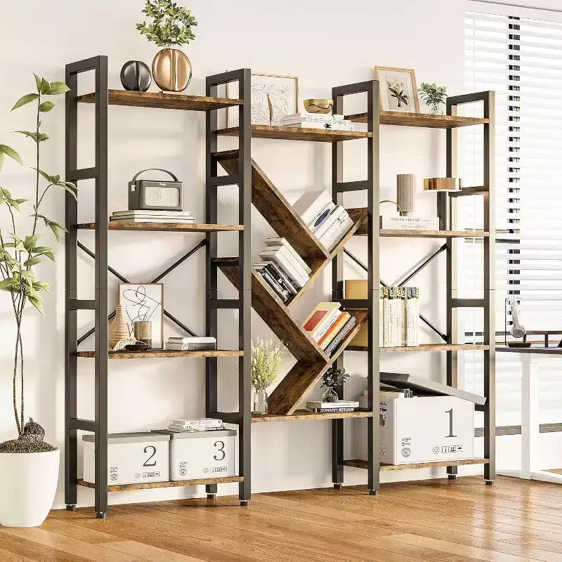 Librerie a 4 ripiani, Grandi Librerie in Legno, Scaffali a giorno per Soggiorni e Camere da Letto, Libreria Moderna con Struttura in Metallo, Marrone.