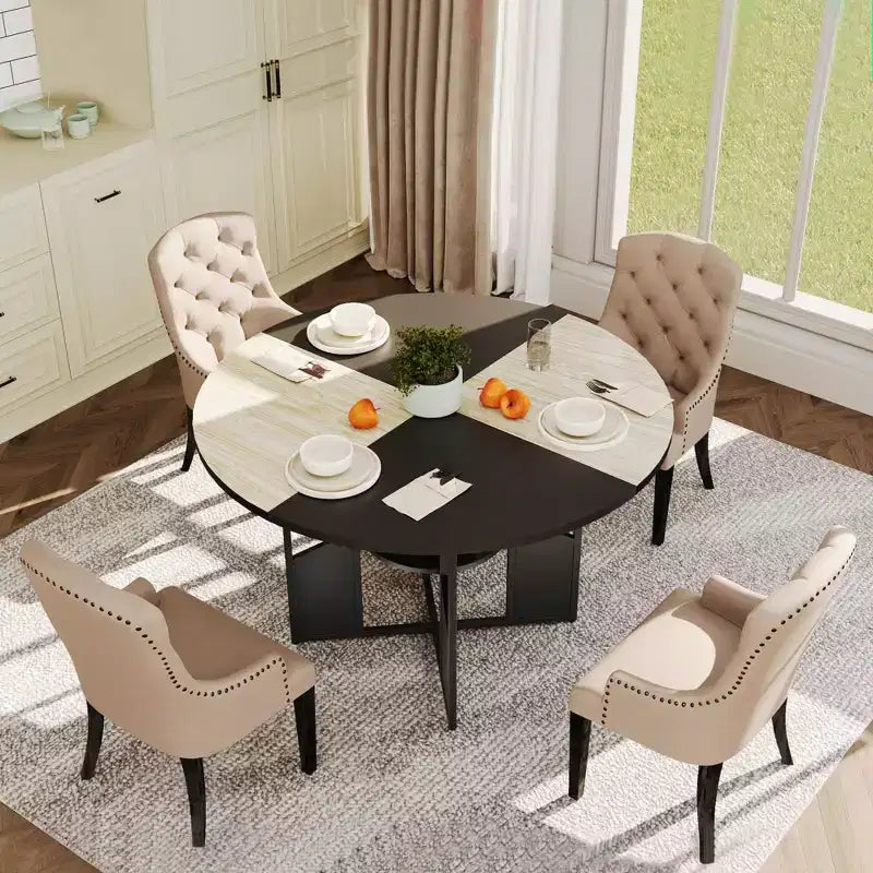 Tavolo da Pranzo Rotondo per 4-6 Persone - Tavolo da Cucina Circolare Modern Farmhouse in Legno con Ripiano Contenitore, Piano del Tavolo Impermeabile, Mobili per Angolo Colazione