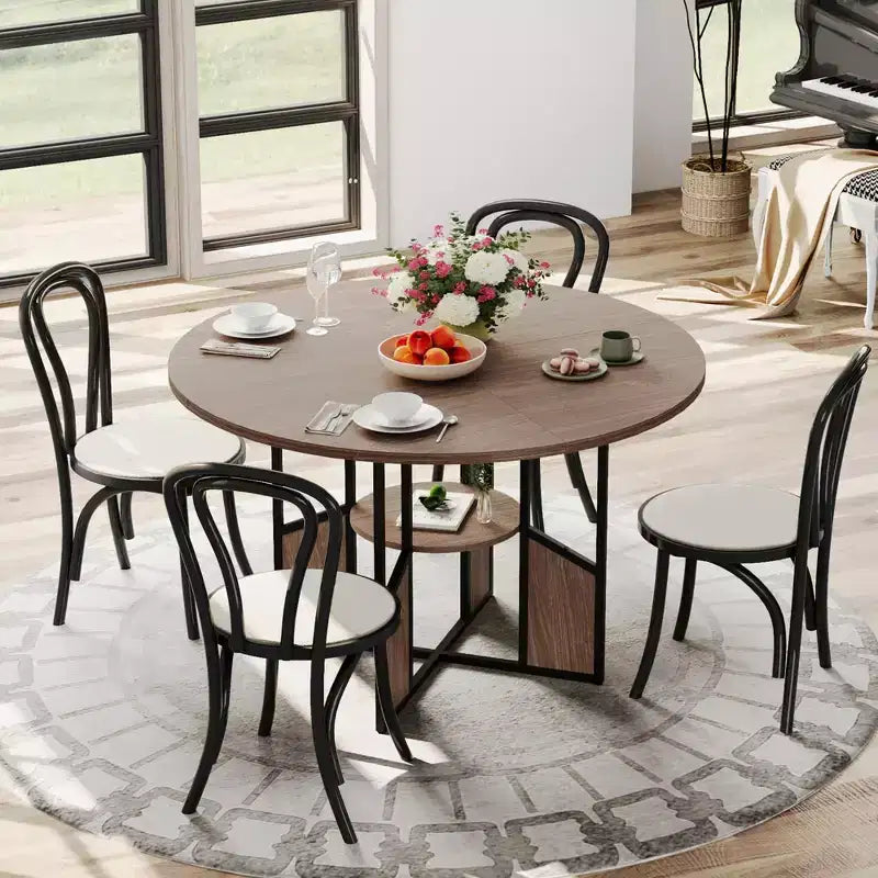 Tavolo da Pranzo Rotondo per 4-6 Persone - Tavolo da Cucina Circolare Modern Farmhouse in Legno con Ripiano Contenitore, Piano del Tavolo Impermeabile, Mobili per Angolo Colazione