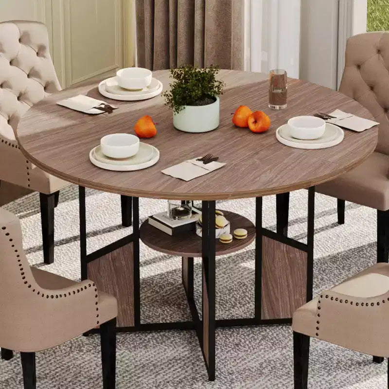 Tavolo da Pranzo Rotondo per 4-6 Persone - Tavolo da Cucina Circolare Modern Farmhouse in Legno con Ripiano Contenitore, Piano del Tavolo Impermeabile, Mobili per Angolo Colazione