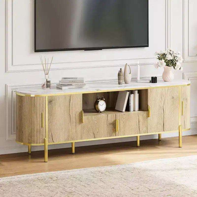 Mobile TV a quattro ante in MDF con motivo a onde, centro di intrattenimento grande di lusso da 70 pollici, ripiani regolabili