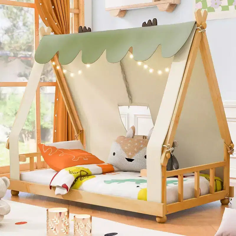 Letti a baldacchino a forma di casa Okak Twin/Full con tenda e decorazioni luminose, telaio letto a piattaforma per bambini, ragazzi, nessuna molla necessaria