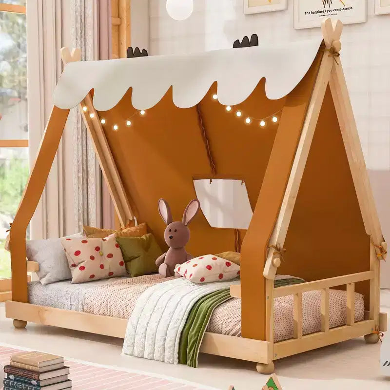 Letti a baldacchino a forma di casa Okak Twin/Full con tenda e decorazioni luminose, telaio letto a piattaforma per bambini, ragazzi, nessuna molla necessaria