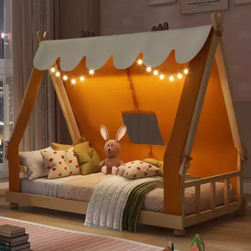 Letti a baldacchino a forma di casa Okak Twin/Full con tenda e decorazioni luminose, telaio letto a piattaforma per bambini, ragazzi, nessuna molla necessaria