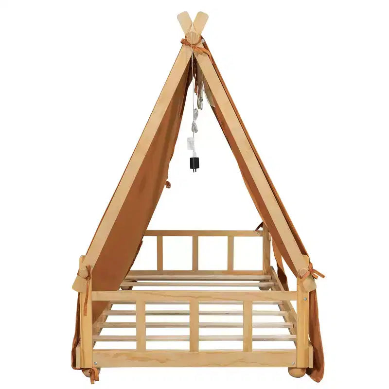 Letti a baldacchino a forma di casa Okak Twin/Full con tenda e decorazioni luminose, telaio letto a piattaforma per bambini, ragazzi, nessuna molla necessaria