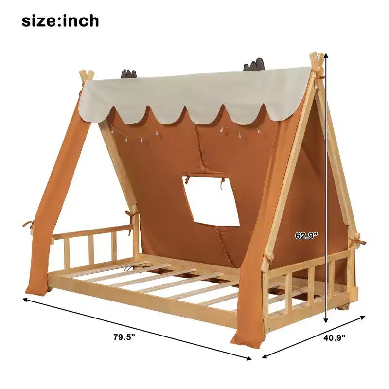 Letti a baldacchino a forma di casa Okak Twin/Full con tenda e decorazioni luminose, telaio letto a piattaforma per bambini, ragazzi, nessuna molla necessaria