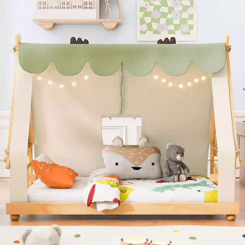 Letti a baldacchino a forma di casa Okak Twin/Full con tenda e decorazioni luminose, telaio letto a piattaforma per bambini, ragazzi, nessuna molla necessaria