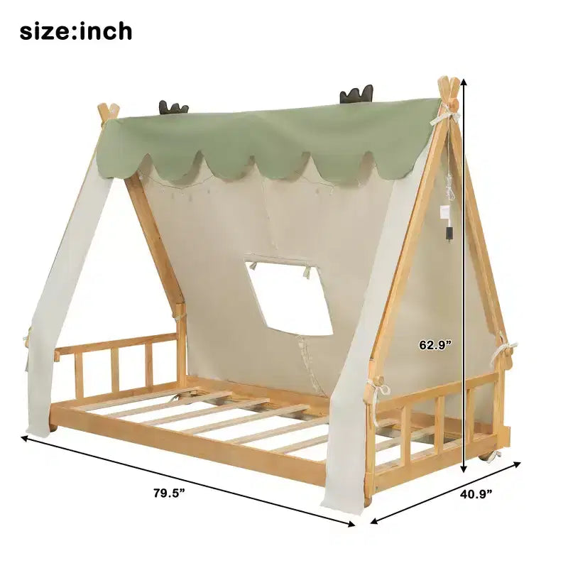 Letti a baldacchino a forma di casa Okak Twin/Full con tenda e decorazioni luminose, telaio letto a piattaforma per bambini, ragazzi, nessuna molla necessaria