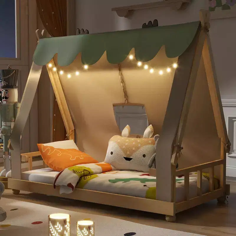 Letti a baldacchino a forma di casa Okak Twin/Full con tenda e decorazioni luminose, telaio letto a piattaforma per bambini, ragazzi, nessuna molla necessaria