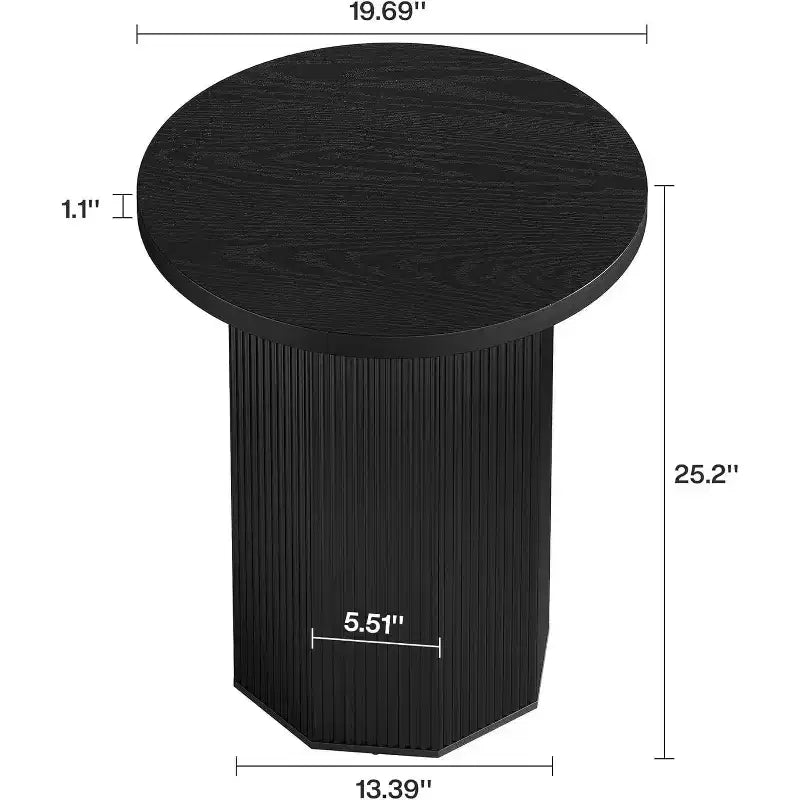 Tavolino rotondo Lantine, Tavolino laterale a piedistallo in stile rustico, Comodino in legno scanalato portabevande per soggiorno, camera da letto, Nero