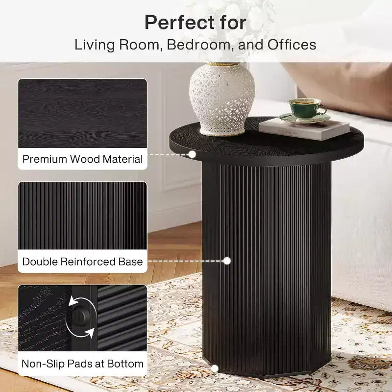 Tavolino rotondo Lantine, Tavolino laterale a piedistallo in stile rustico, Comodino in legno scanalato portabevande per soggiorno, camera da letto, Nero