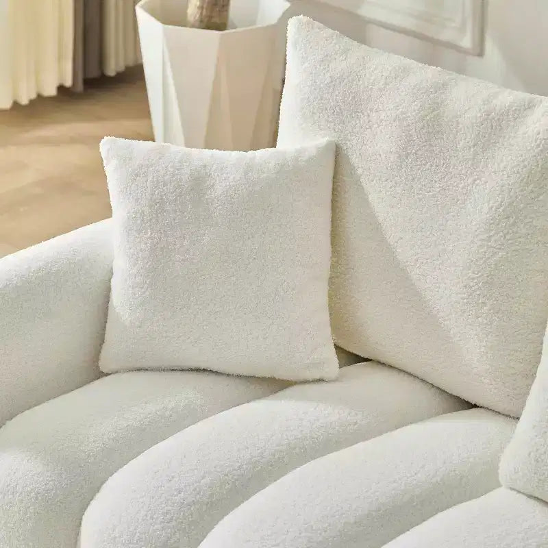 MAYEERTY 92 pollici Divano angolare in tessuto Teddy di alta qualità con console centrale e tavolino da caffè per soggiorno e appartamenti, colore bianco