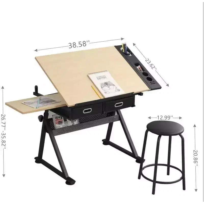 Tavolo da Disegno Regolabile in Altezza con Inclinazione 0-75°, Tavolo d'Arte per Adulti, con Due Cassetti e uno Sgabello, Tavolo per Artisti, Tavolo da Disegno per Pittori, Quercia Bianca