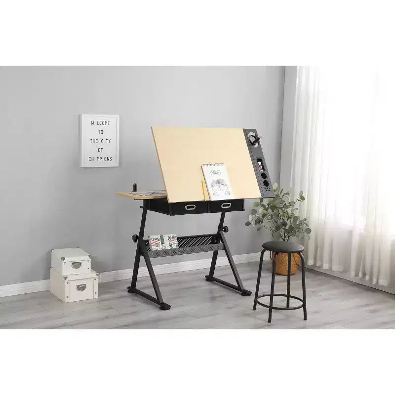 Tavolo da Disegno Regolabile in Altezza con Inclinazione 0-75°, Tavolo d'Arte per Adulti, con Due Cassetti e uno Sgabello, Tavolo per Artisti, Tavolo da Disegno per Pittori, Quercia Bianca