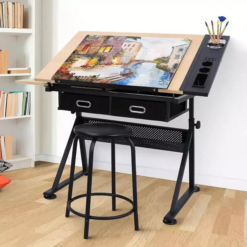 Tavolo da Disegno Regolabile in Altezza con Inclinazione 0-75°, Tavolo d'Arte per Adulti, con Due Cassetti e uno Sgabello, Tavolo per Artisti, Tavolo da Disegno per Pittori, Quercia Bianca