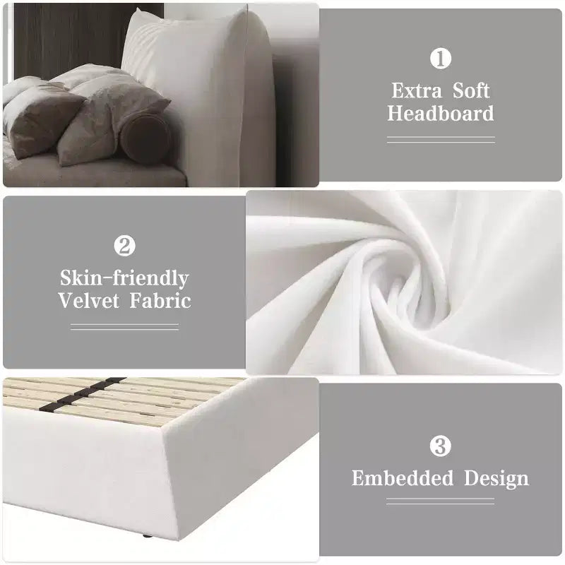 Letto a piattaforma imbottito king size Whisen, struttura in metallo e legno massello con testiera in velluto dalla forma speciale