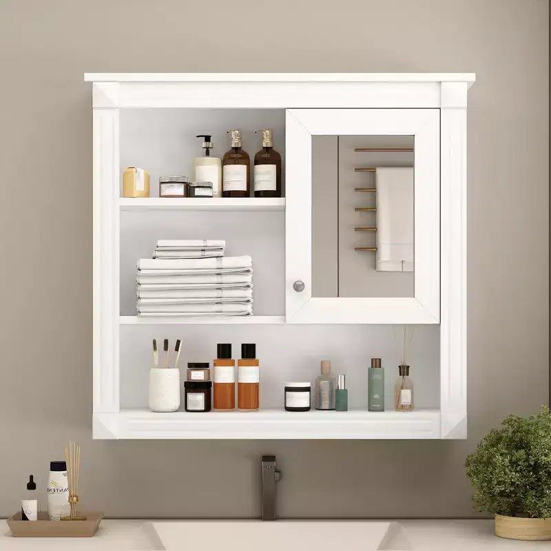 FAMYYT 32 pollici L x 28 pollici H Armadietto rettangolare per medicinali in MDF con specchio, 5 ripiani rimovibili, cerniere a chiusura ammortizzata