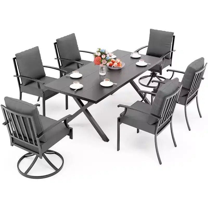 ALAULM Set da Pranzo da Esterno 7 Pezzi con 2 Sedie Girevoli e 4 Sedie Fisse, Set Mobili da Giardino in Metallo con 6 Sedie e Tavolo Grande con Foro per Ombrellone