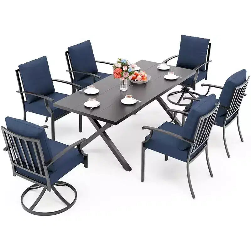 ALAULM Set da Pranzo da Esterno 7 Pezzi con 2 Sedie Girevoli e 4 Sedie Fisse, Set Mobili da Giardino in Metallo con 6 Sedie e Tavolo Grande con Foro per Ombrellone