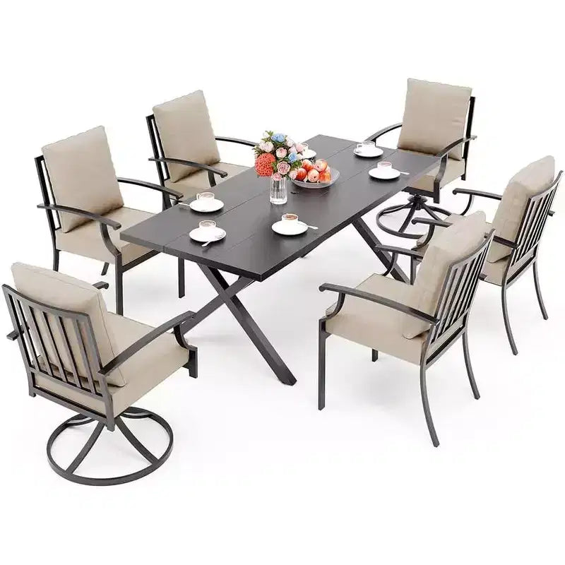 ALAULM Set da Pranzo da Esterno 7 Pezzi con 2 Sedie Girevoli e 4 Sedie Fisse, Set Mobili da Giardino in Metallo con 6 Sedie e Tavolo Grande con Foro per Ombrellone